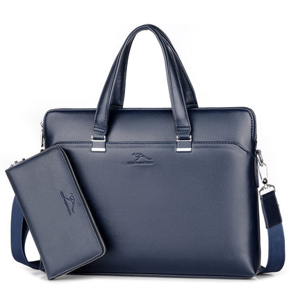 PU leather business briefcase in navy blue with matching wallet and detachable shoulder strap