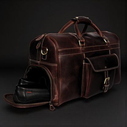 The Voyager Duffle — Brown Full-Grain Distressed Canadian Leather Duffle Bag