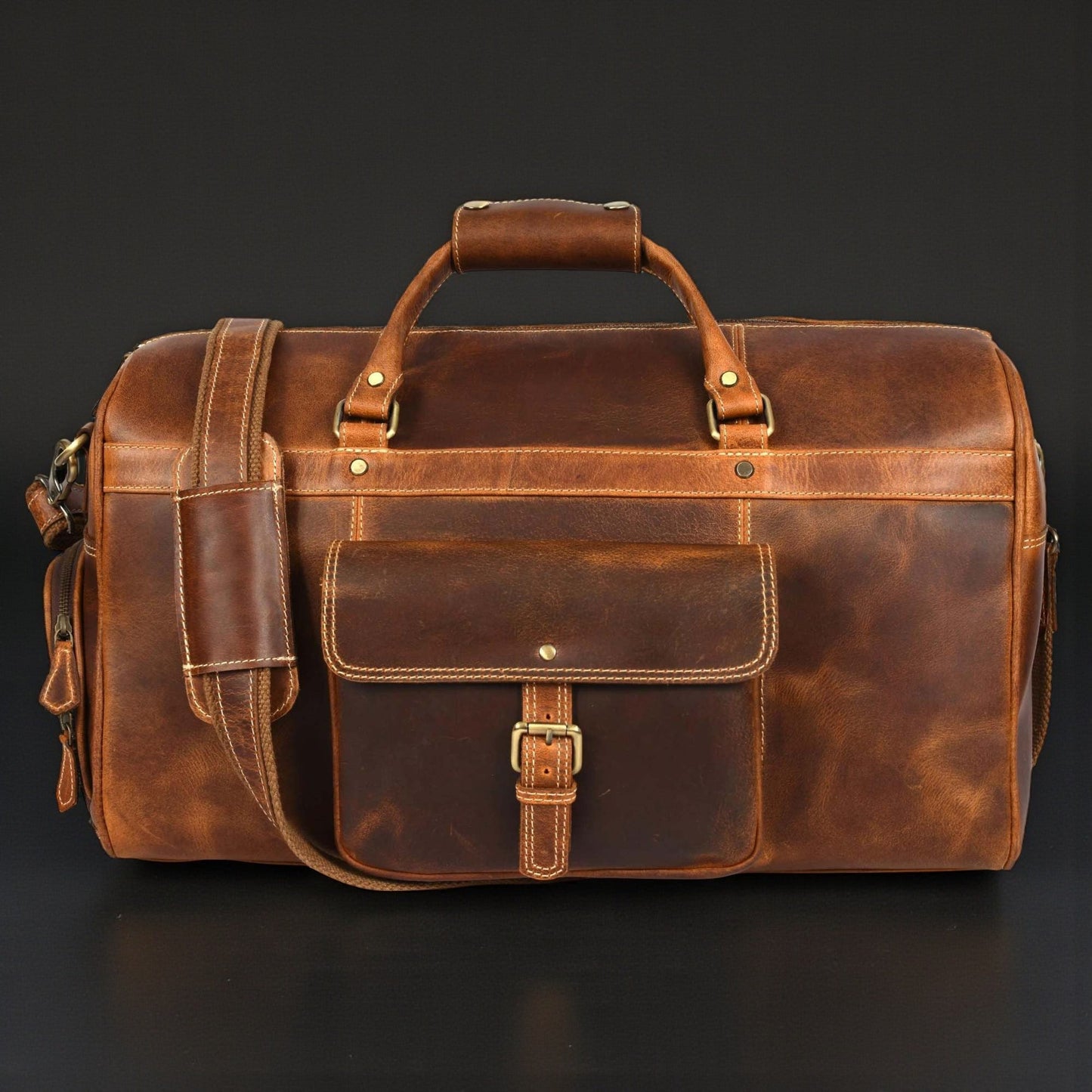 The Voyager Duffle — Cognac Full-Grain Distressed Canadian Leather Duffle Bag