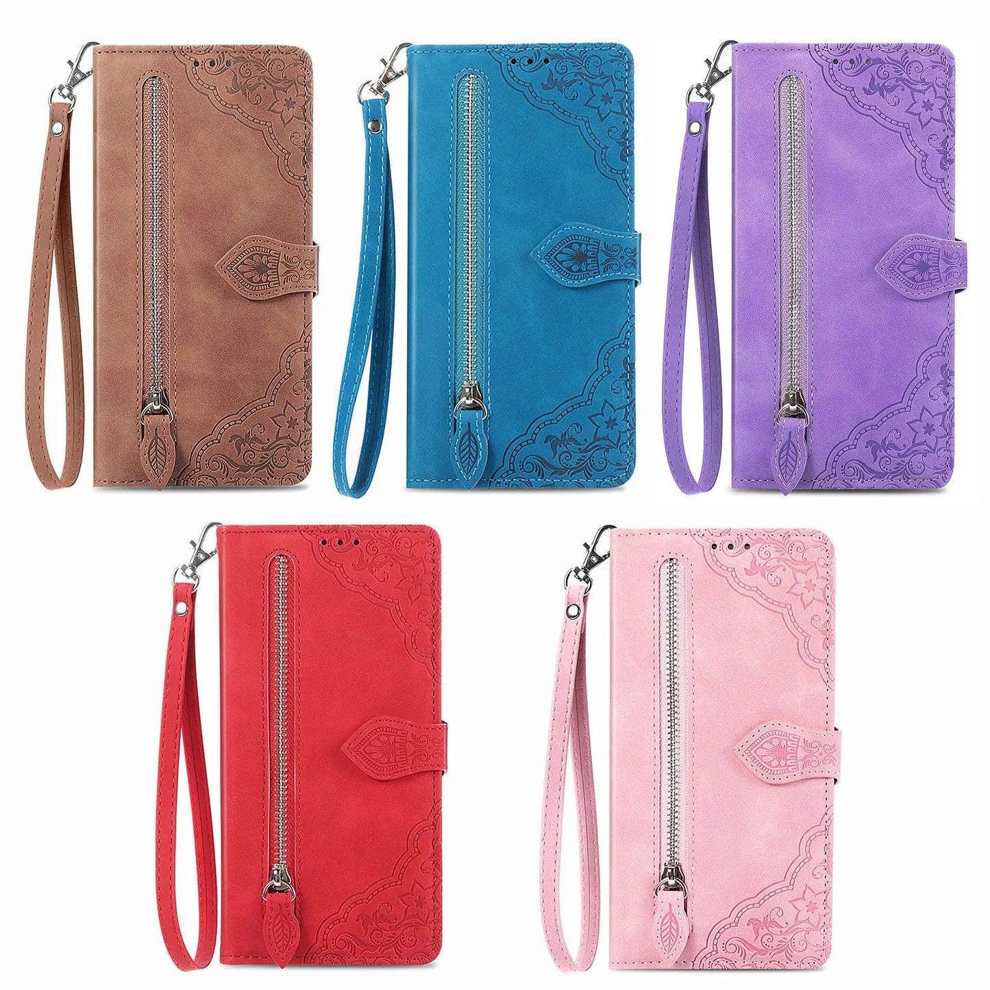Colorful wallet cases for iPhone 14 13 12 with strap in five shades featuring intricate designs