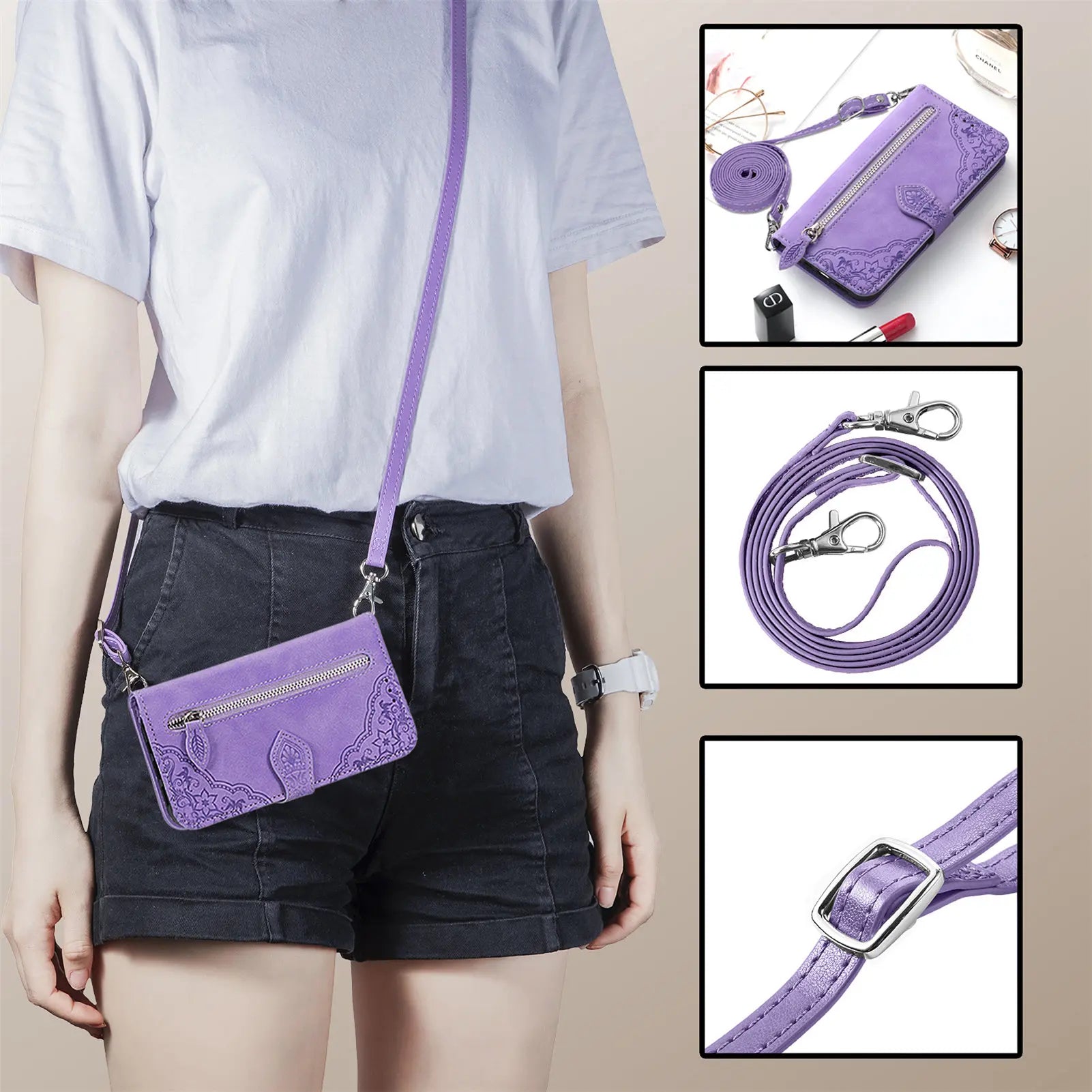 Purple wallet case for iPhone 14 13 12 with strap featuring intricate detailing and adjustable chain