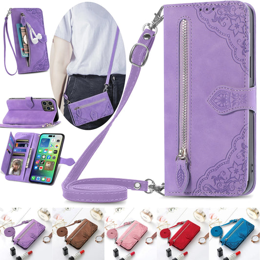 Purple wallet case for iPhone 14 13 12 with strap featuring intricate design and multiple card slots