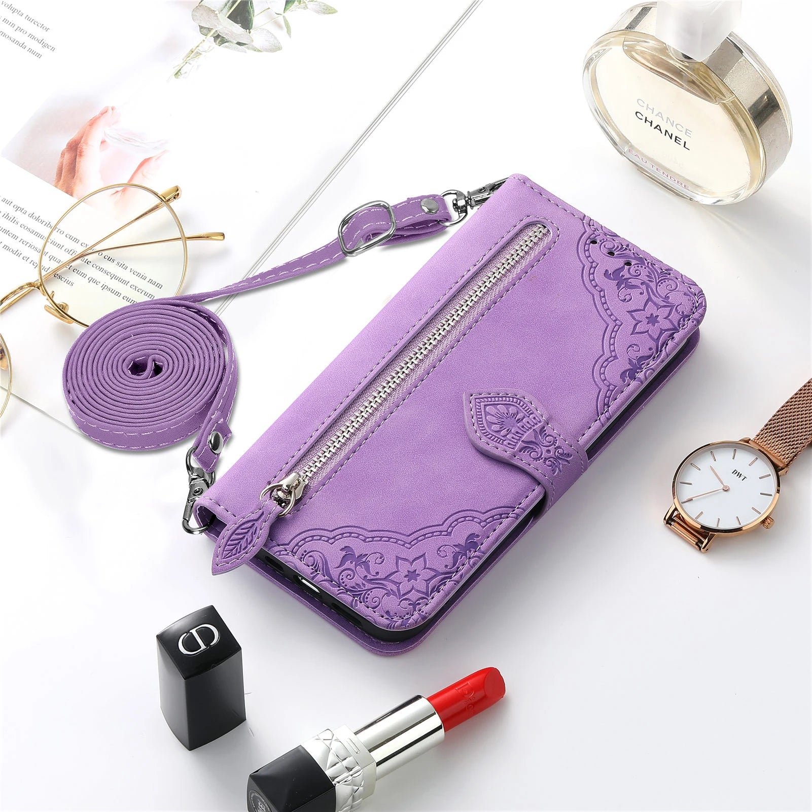 Purple wallet case for iPhone 14 13 12 with strap featuring elegant embossed design and zipper pocket