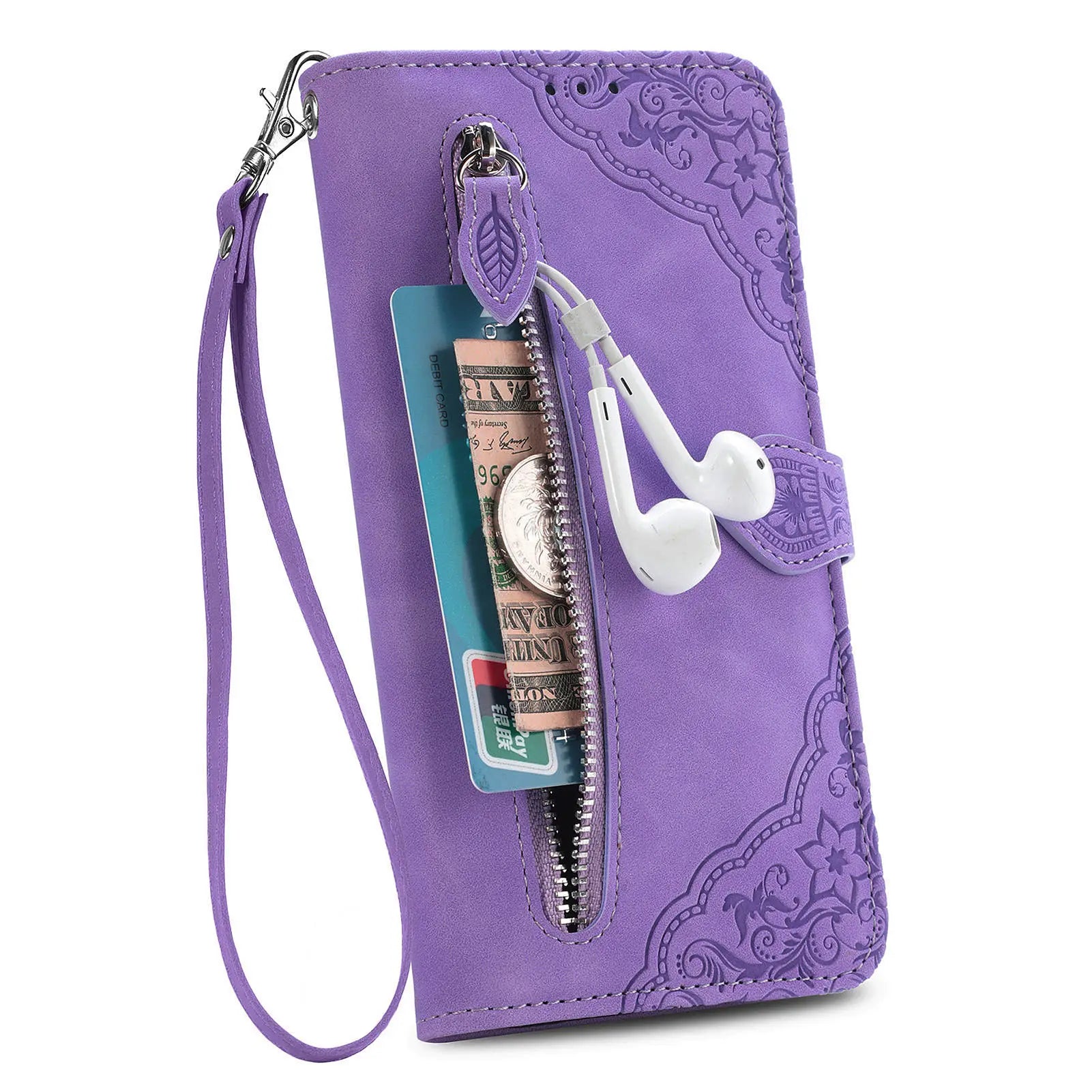 Purple wallet case for iPhone 14 13 12 with strap featuring card slots and zipper pocket
