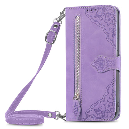 Purple wallet case for iPhone 14 13 12 with strap featuring intricate floral design and zipper pocket