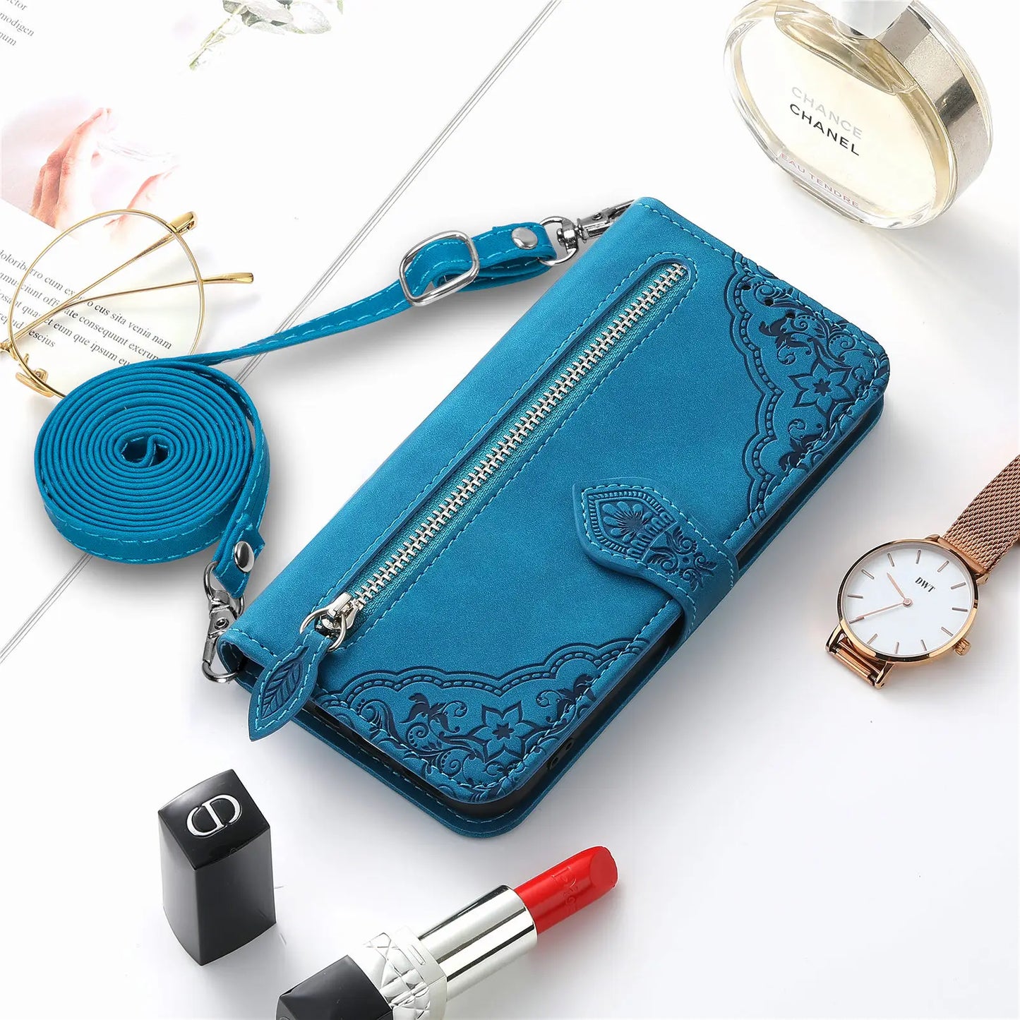 Stylish turquoise wallet case for iPhone 14 13 12 with strap featuring intricate floral design