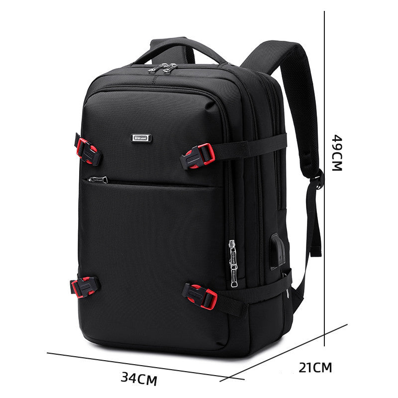 Black water-repellent business travel backpack with adjustable straps and multiple compartments