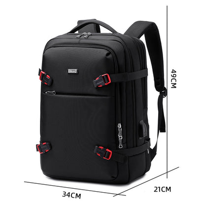 Black water-repellent business travel backpack with adjustable straps and multiple compartments