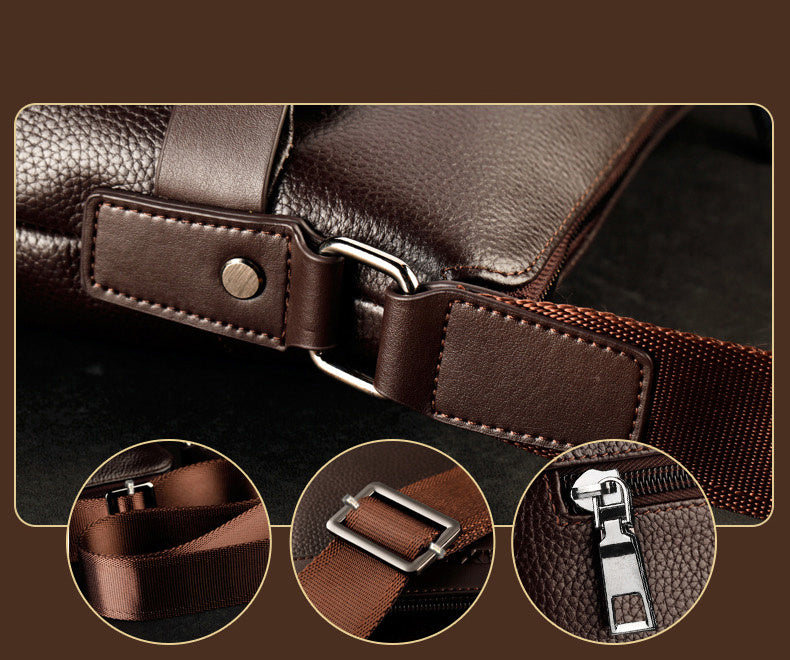 Close-up of a fashion leather crossbody bag for men with durable strap and zipper details