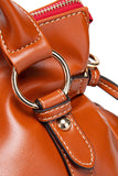 Close-up of women's PU leather laptop handbag in brown featuring stylish metal accents